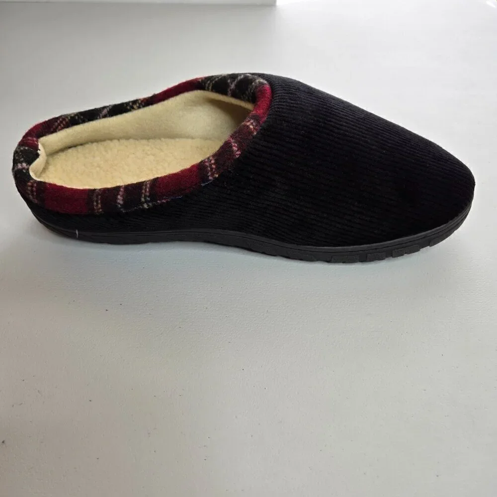 Totes Men's Black Corduroy Faux Fur Red Trim Memory Foam Slide Slippers Sz L